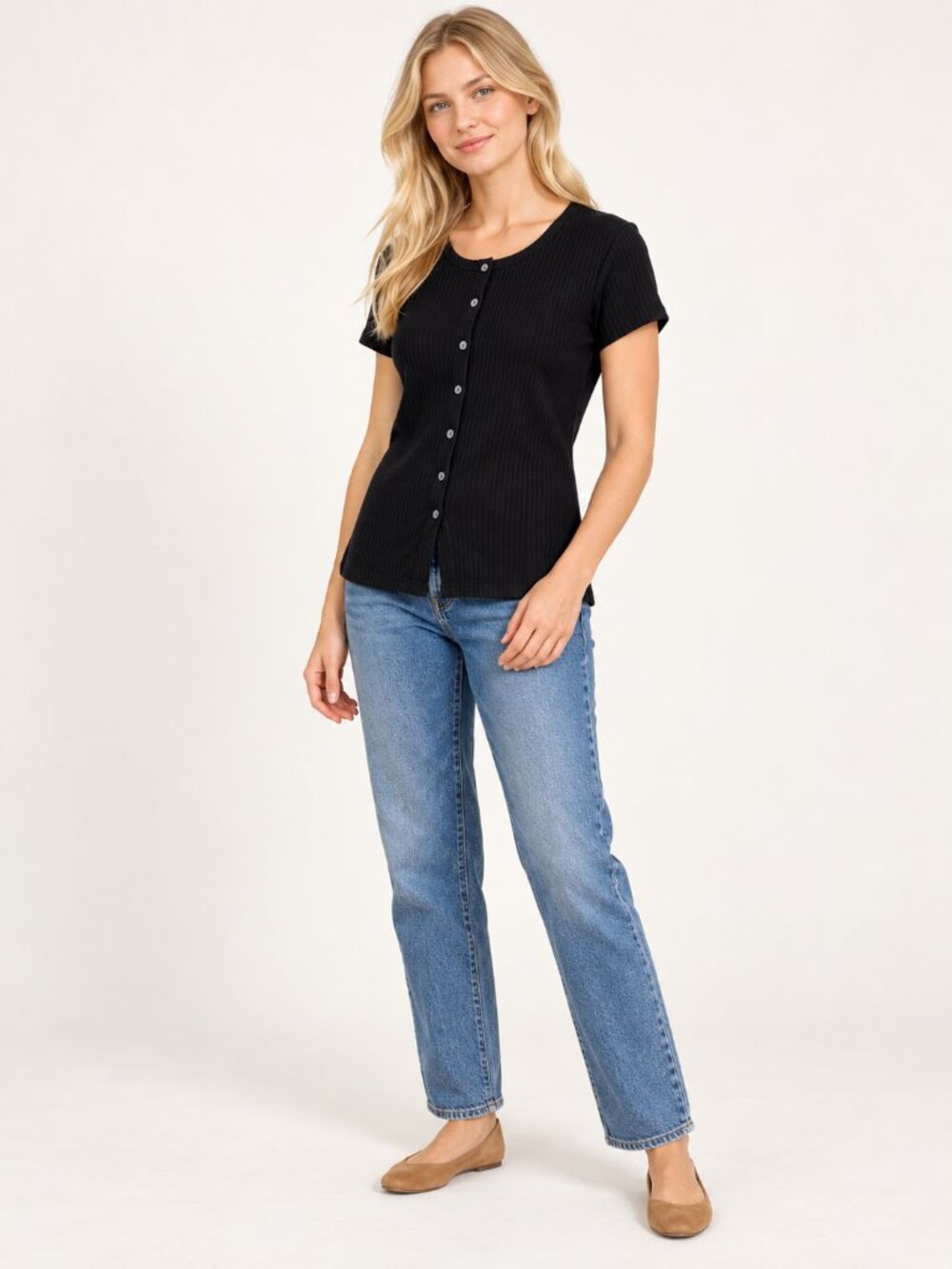 2/$30 Large Tall Black Ribbed Knit Short Sleeve Button Front Scoop Neck Top